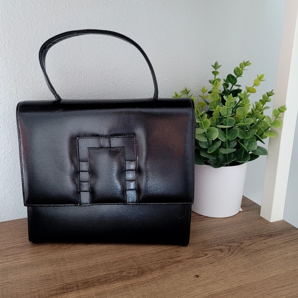 Vintage Pleather Black Geometric 1970 1980 Purse